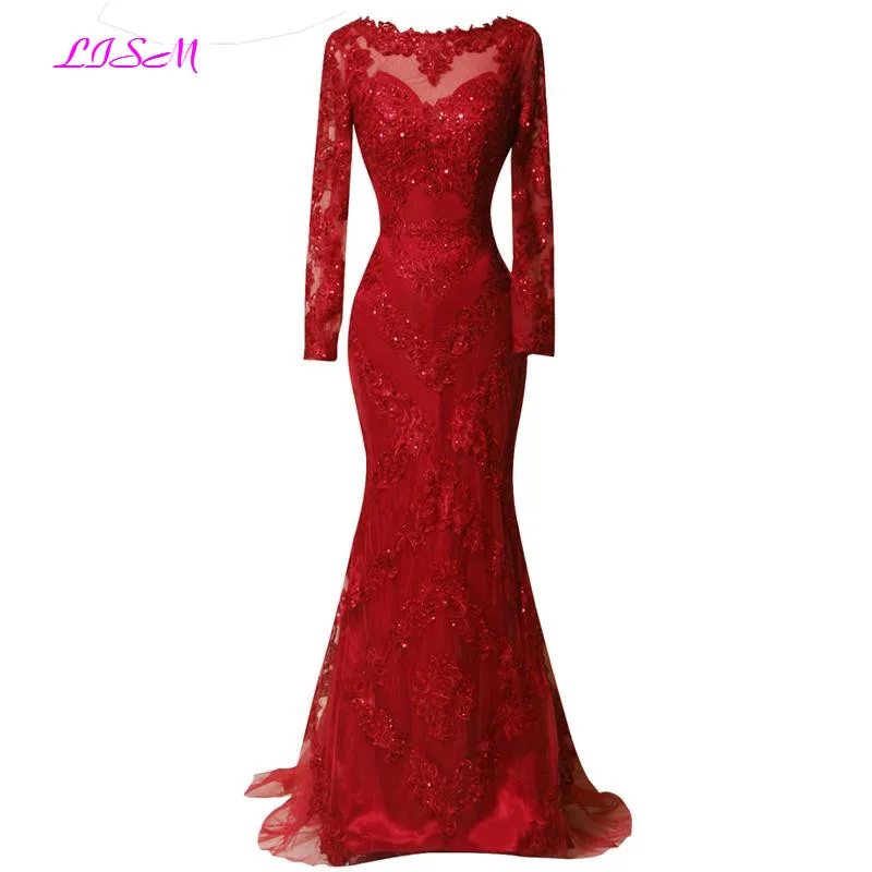 Top Trends: Real Photos Red Full Sleeved Evening Dress 2022 Lace Appliques Mermaid Prom Dresses Elegant Long Sweep Train Formal Party Gowns Shoppable Styles