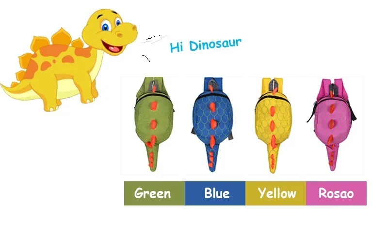 neli värvilist dinosauruse kujulist seljakotti lastele, roheline, sinine, kollane ja roosa