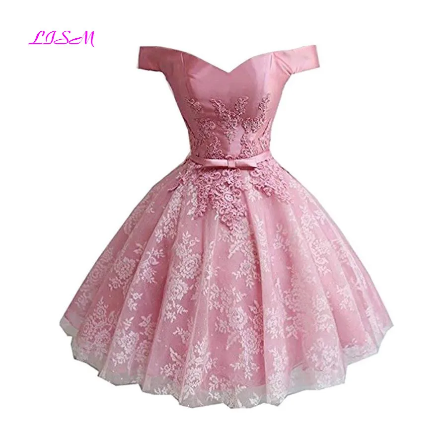 Top Trends: Off The Shoulder Mini Homecoming Dress Lace Applique Short Princess Prom Dresses Pink Tulle Cocktail Gown Vestidos De Graduacion Shoppable Styles