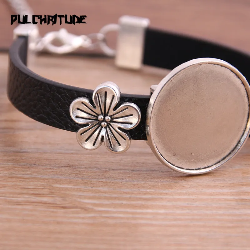 Top Trends: 1pcs 6 Color PU Bracelet Silver Color Flower Base Setting Cuff Blank Trays Brazel Fit 25mm Glass Cameo Dome Cabochon DIY Jewelry Shoppable Styles - Image 2