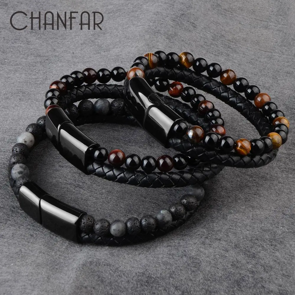 Top Trends: Natural Stone Bracelets Genuine Leather Braided Bracelets Black Stainless Steel Magnetic Clasp Tiger Eye Bead Bangle Men Jewelry Shoppable Styles