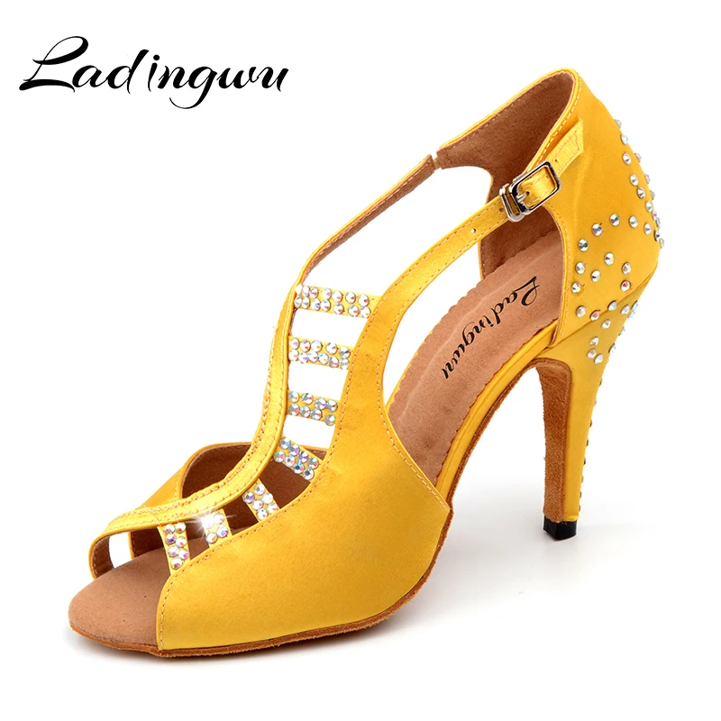 Top Trends: New Latin Dance Shoes Salsa Women Yellow Black Unique Tailoring Design Satin Shoes For Ballroom Dancing Rhinestone Tango Shoes Shoppable Styles