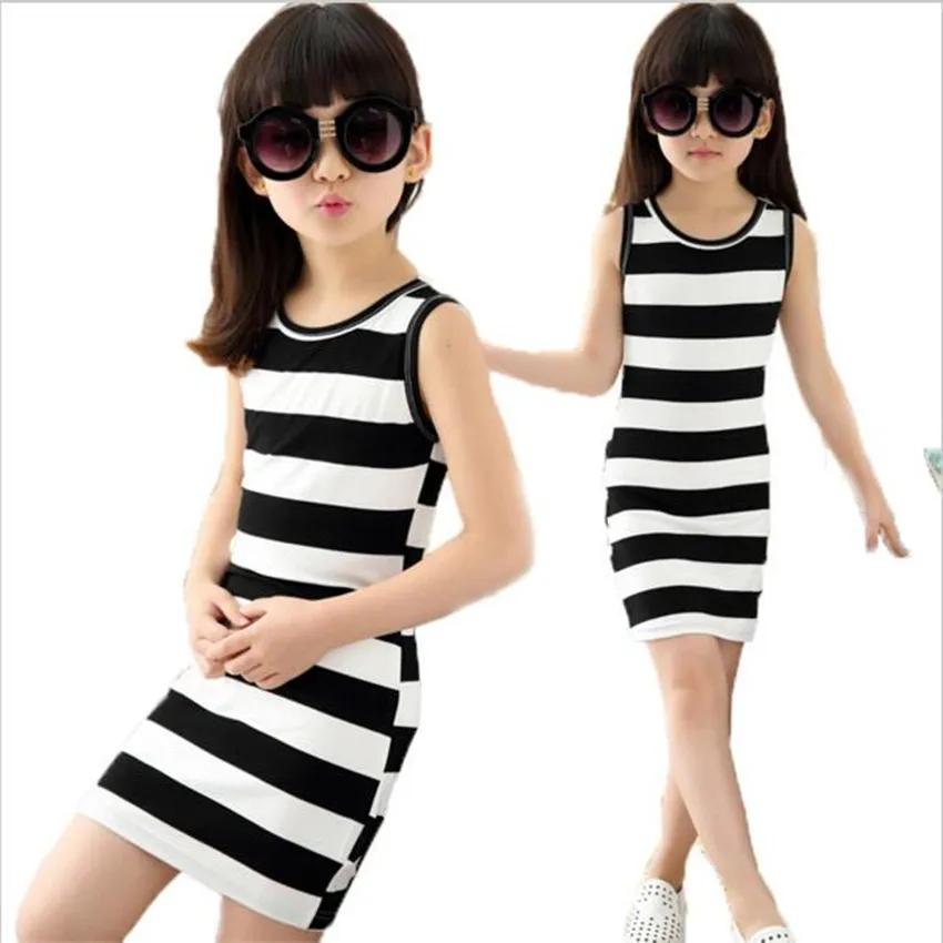 Top Trends: Children Dressed In Black Clothes And White Stripes 100% Cotton 3-14 Years Old Vest Dresses For Teens Shoppable Styles