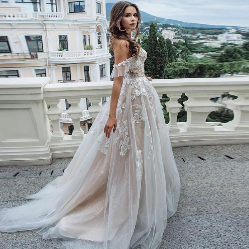 Top Trends: LORIE Champagne Boho Wedding Dress 2020 Lace Appliques Tulle Backless Beach Wedding Gowns Off Shoulder Princess Bridal Dress Shoppable Styles - Image 3