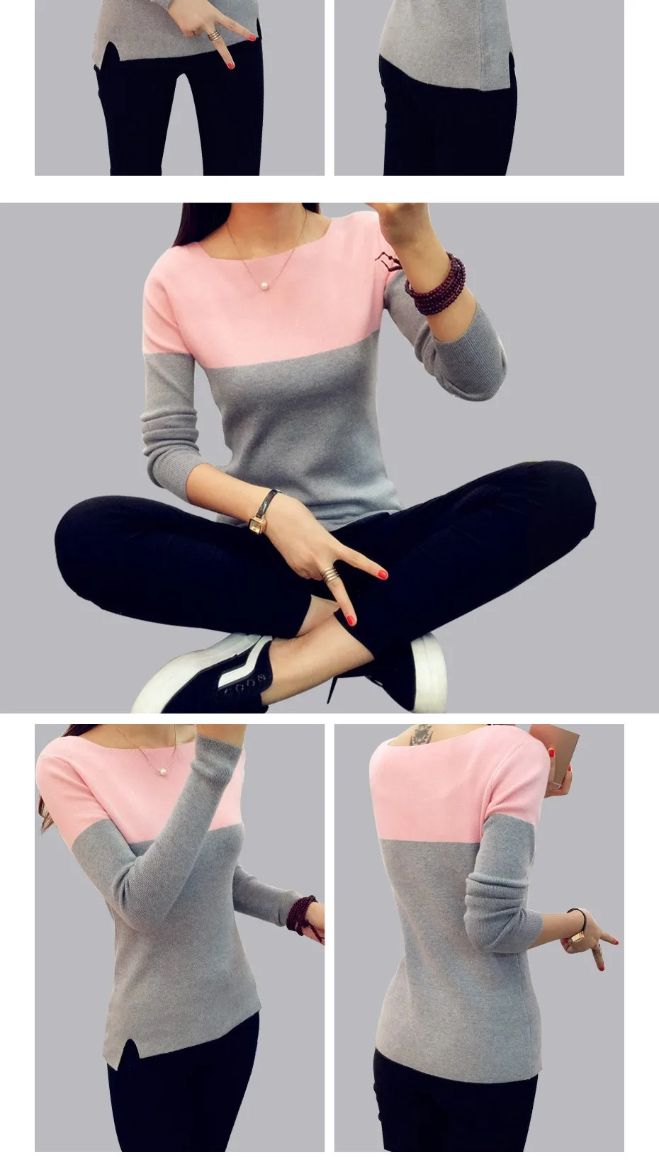 naine kannab halli ja roosa triibuga sviitrit