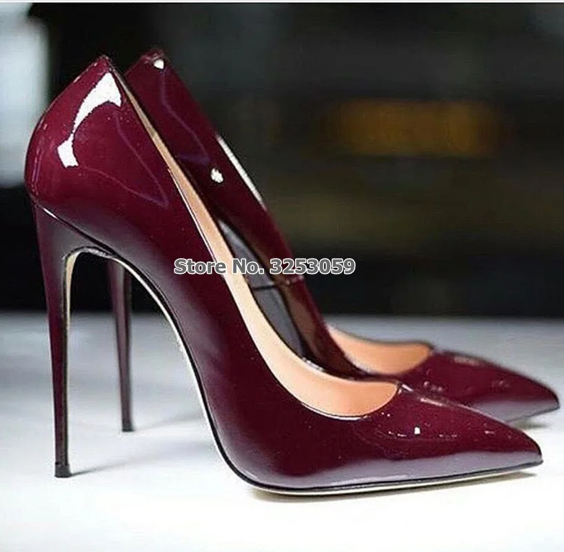 Top Trends: ALMUDENA Sexy Burgundy Mirror Leather Shoes Thin High Heel Wine Red Pointy Toe Pumps Shallow Cut Wedding Shoes Drophip Size45 Shoppable Styles