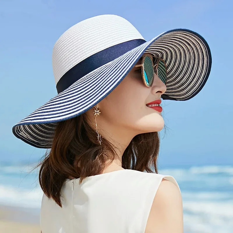 Top Trends: 2019 Hot Sale Fashion Hepburn Wind Black White Striped Bowknot Summer Sun Hat Beautiful Women Straw Beach Hat Large Brimmed Hat Shoppable Styles