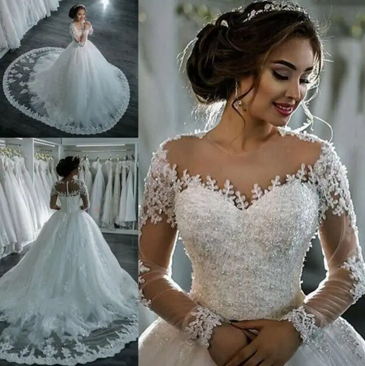 Top Trends: Vestidos De Noiva 2019 Elegant A Line Long Sleeve Wedding Dress Tulle Appliques Beaded Princess Lace Wedding Gown Robe De Mariee Shoppable Styles