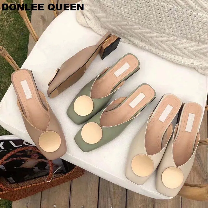 Top Trends: 2023 Brand Designer Women Slippers Slip On Mules Flat Heel Casual Shoes British Buckle Slides Wooden Block Heels Summer Footwear Shoppable Styles