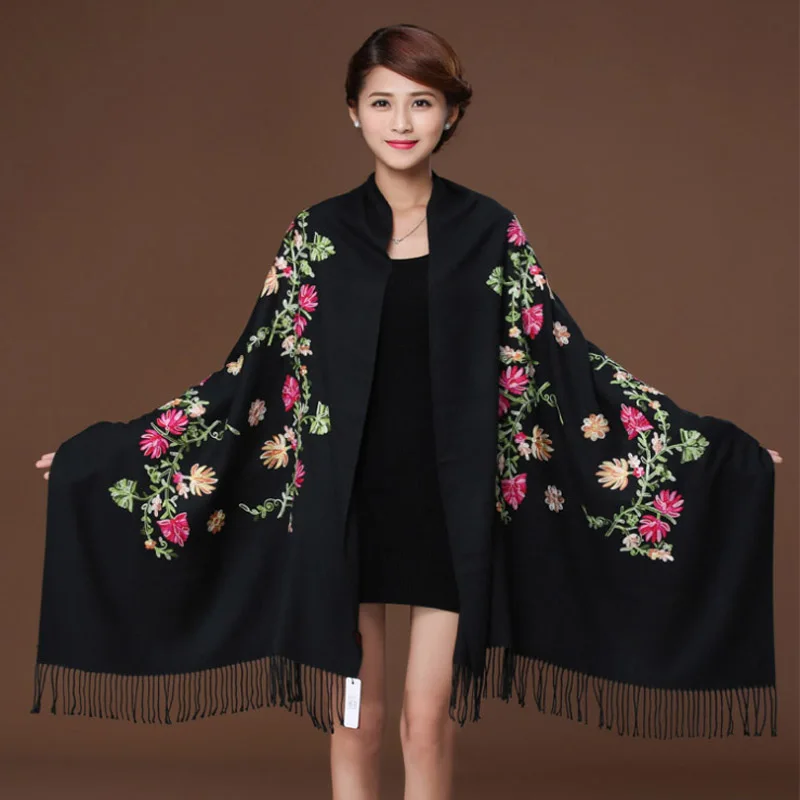 Top Trends: Black Embroider Flower Pashmina Cashmere Scarf For Women Winter Warm Fine Tassels Scarf Shawl Fashion Shawl Scarves Shoppable Styles