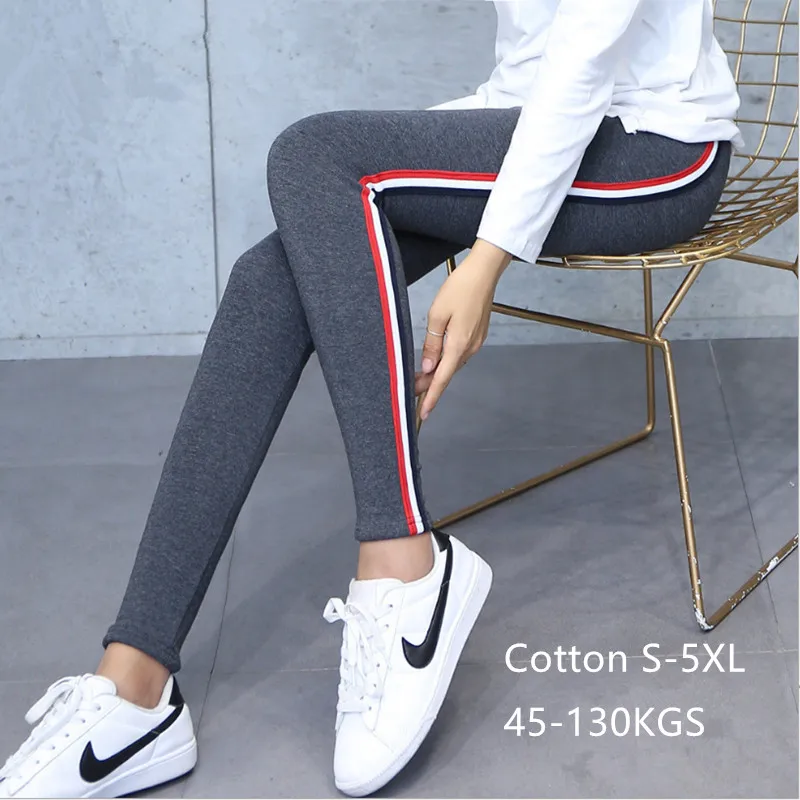 Top Trends: High Quality Cotton Leggings Side Stripes Women Casual Legging Pants High Waist Fitness Leggings Plump Female Shoppable Styles