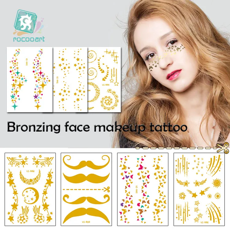 Top Trends: Rocooart Gold Face Tattoo Flash Tattoo Fashion Waterproof Blocked Freckles Make Up Body Art Sticker Eye Decals Bride Tribe Party Shoppable Styles