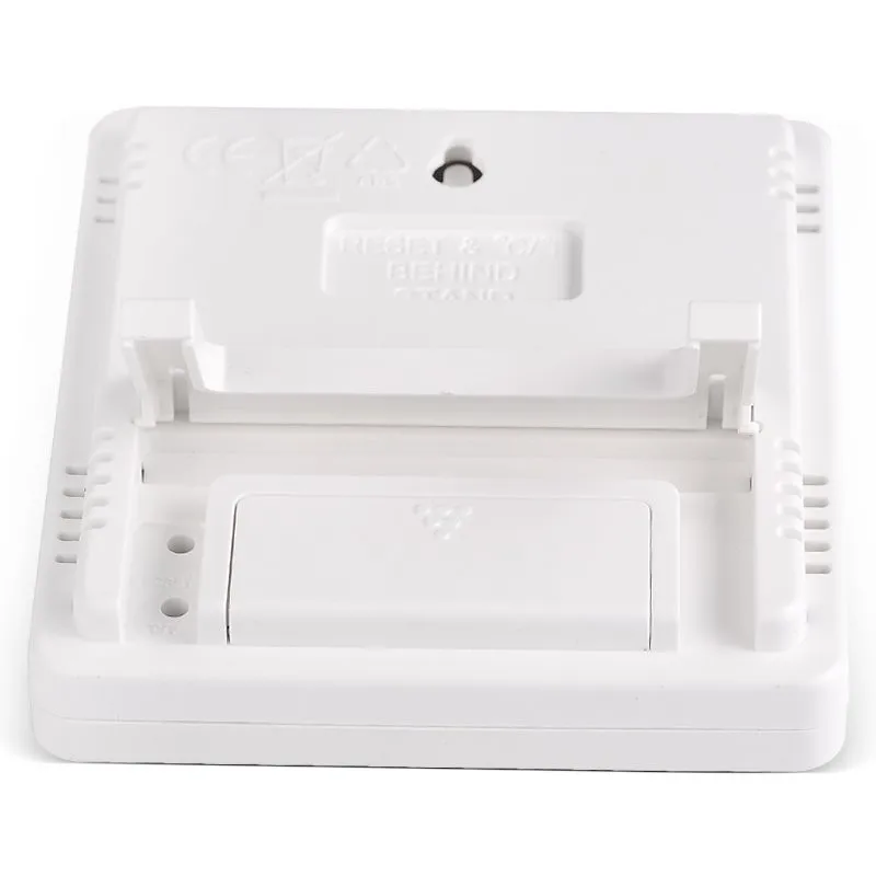 valge plastist niiskuse ja temperatuuri mõõdiku tagakülg