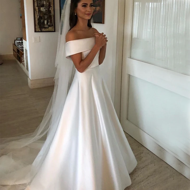 Top Trends: Simple A Line Wedding Dresses Satin Off The Shoulder Wedding Bridal Gowns Sweep Train Casual Dresses Zipper With Buttons Back Shoppable Styles