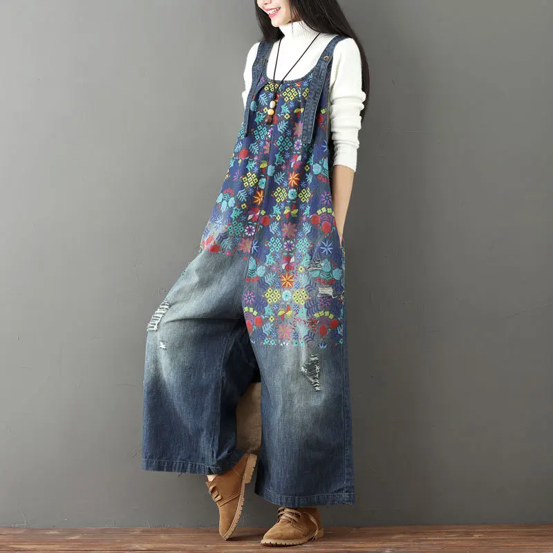 Top Trends: Denim Jumpsuits Women Ripped Jeans Oversize Scratched Bib Wide Leg Overalls Female Baggy Rompers Japan Harajuku Printed Floral Shoppable Styles