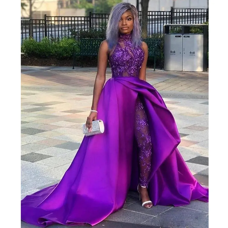 Top Trends: Purple Jumpsuit Evening Dresses Halter Sequined Appliques With Detachable Train Special Occasion Dress Satin African Gowns Shoppable Styles