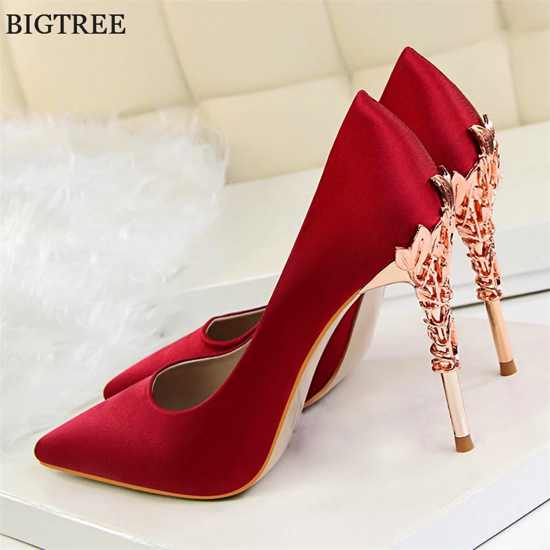 Top Trends: 2024 New Elegant Metal Carved Heel Women Pumps Solid Silk Pointed Toe Shallow Fashion High Heels 10cm Female Wedding Dress Shoes Shoppable Styles