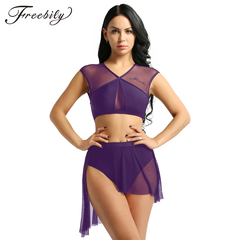 Top Trends: Fashion Women Two-piece Sports Dance Mesh Splice Crop Top With Ballet Gymnastics Shorts Skirt Stage Lyrical Dance Costumes Set Shoppable Styles