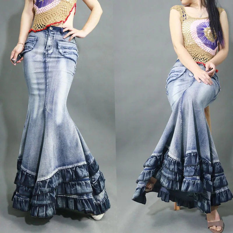 Top Trends: 2024 New Fashion Long Maxi Vintage Fish Tail Mermaid Style Denim Women Ruffles S-2XL Stretch Jeans Patchwork Skirt Shoppable Styles