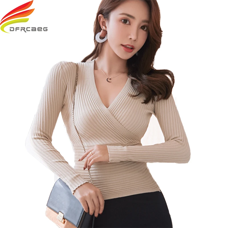 Top Trends: 2024 New Sexy Deep V Neck Sweater Women's Pullover Casual Slim Bottoming Sweaters Female Elastic Cotton Long Sleeve Tops Femme Shoppable Styles