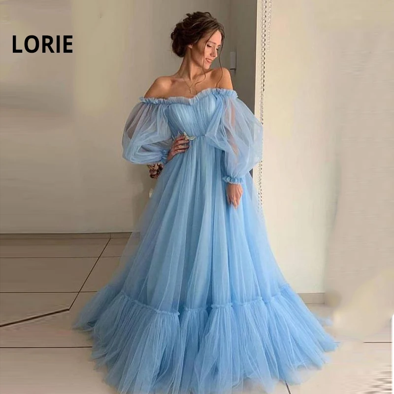 Top Trends: LORIE Blue Prom Dresses Long Sleeve Off The Shoulder Princess Dress 2020 Tulle Lace-up Formal Evening Party Dresses Plus Size Shoppable Styles