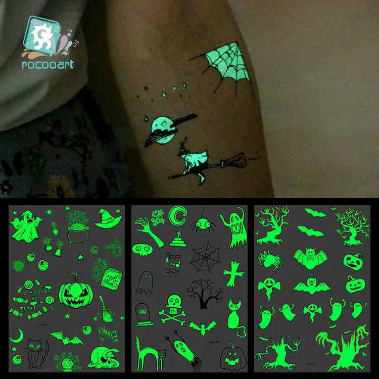 Top Trends: Rocooart Halloween Luminous Tattoo Ghost Taty For Kids Fake Tattoo Witch Glowing In Dark Waterproof Temporary Tattoo Stickers Shoppable Styles