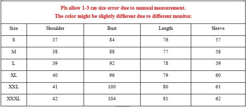 suuruste tabel, mis näitab mantli mõõtmeid erinevates suurustes