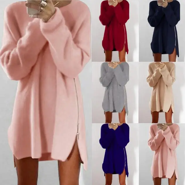 Top Trends: Women Long Sleeve Autumn Winter Knitted Zippers Side Jumper Sweater Dress Loose Tunic Baggy Dresses Shoppable Styles