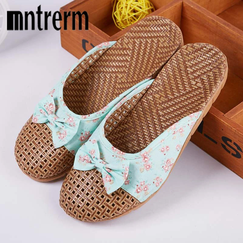 Top Trends: Mntrerm Natural Bamboo Rattan Home Slippers Summer New Linen Cane Grass Weave Women Flat Slippers Cute Bow-knot Flower Home Shoe Shoppable Styles