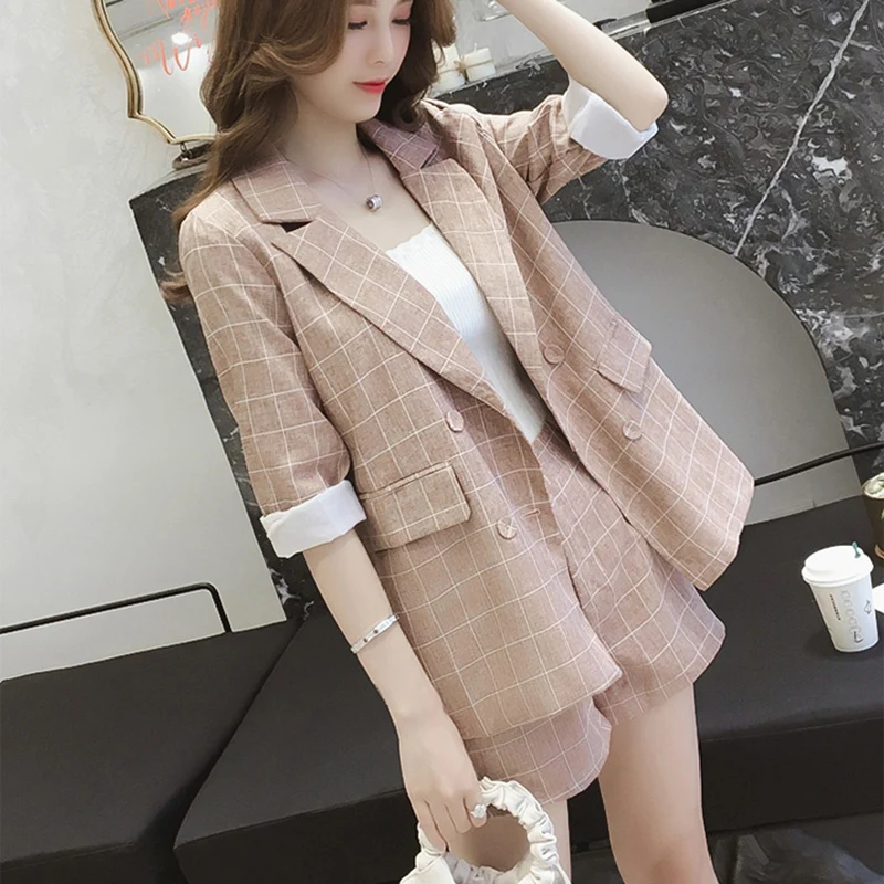 Top Trends: 2023 Spring Summer Women&#039;s Large Size Korean Plaid Blazer Jacket And Shorts Suit Temperament Two Piece Female Set Outfits L6 Shoppable Styles