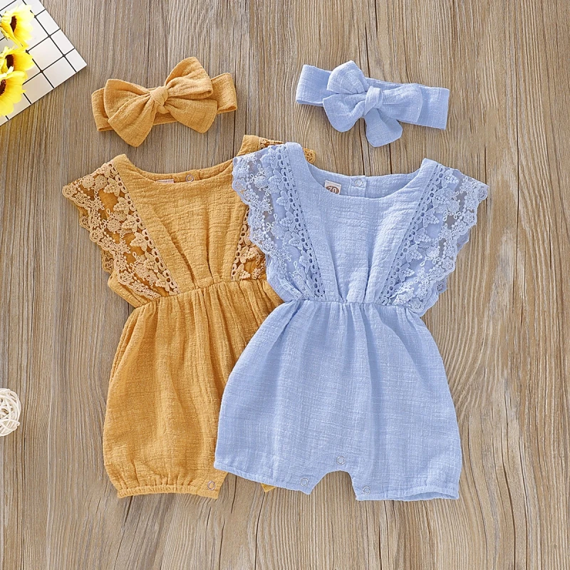 Top Trends: Summer Baby Girl Rompers Newborn Baby Solid Lace Design Romper Clothes Toddler Flare Sleeve Jumpsuit With Headband One-Pieces Shoppable Styles