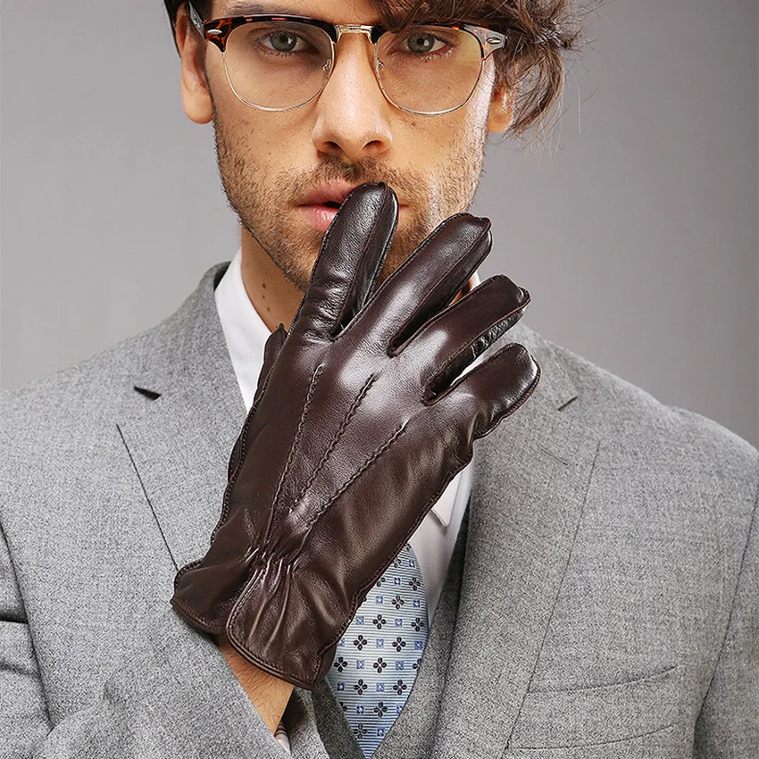 Top Trends: Real Leather Gloves Male Fashion Simple Wrist Men Sheepskin Driving Gloves Thermal Plushed Lined Black Dark Brown M014WC Shoppable Styles