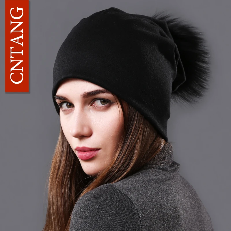 Top Trends: CNTANG Female Natural Raccoon Fur Pompom Hats Beanies Autumn Winter Warm Solid Caps For Women Fashion Cotton Skullies Thin Hat Shoppable Styles