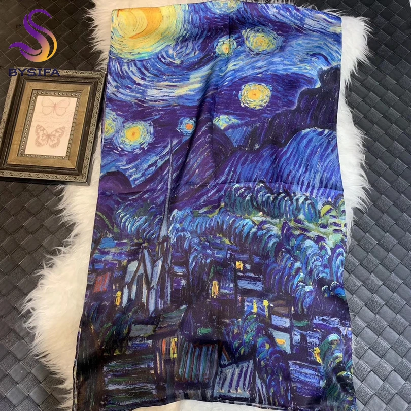 Top Trends: BYSIFA Blue 100% Silk Scarf Shawl Fashion Luxury Women Long Scarves Van Gogh Moon Star Oil Paiting Scarves Autumn Winter Scarf Shoppable Styles