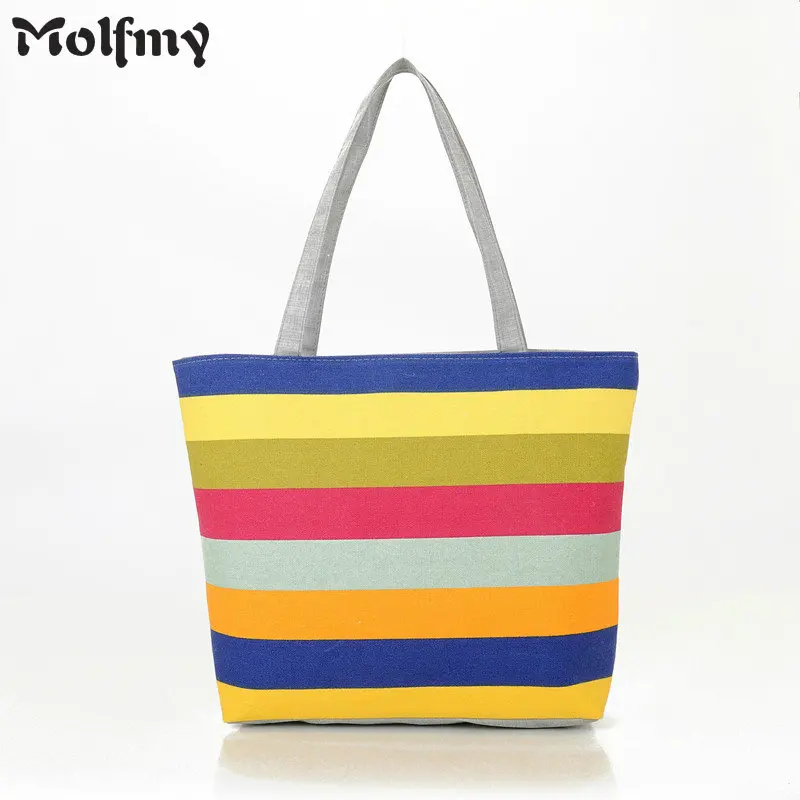 Top Trends: Molmfy Canvas Shopper Bag Striped Rainbow Prints Beach Bags Tote Women Ladies Girls Shoulder Bag Casual Shopping Handbag Shoppable Styles