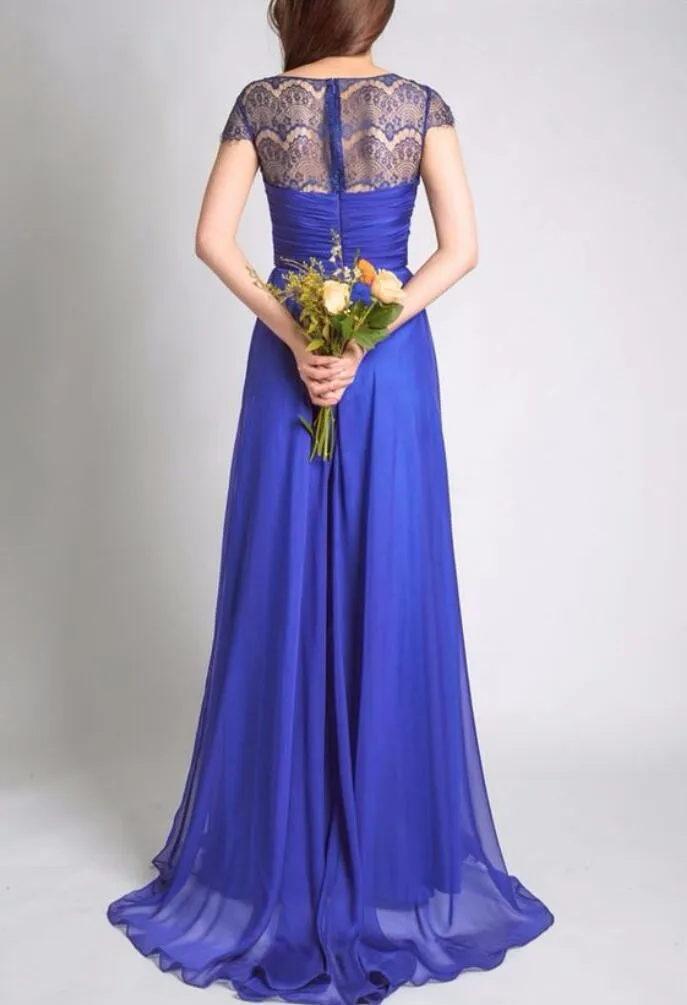 Royal Blue With Cap Sleeves Lace Chiffon A-line Wedding Party Long ...