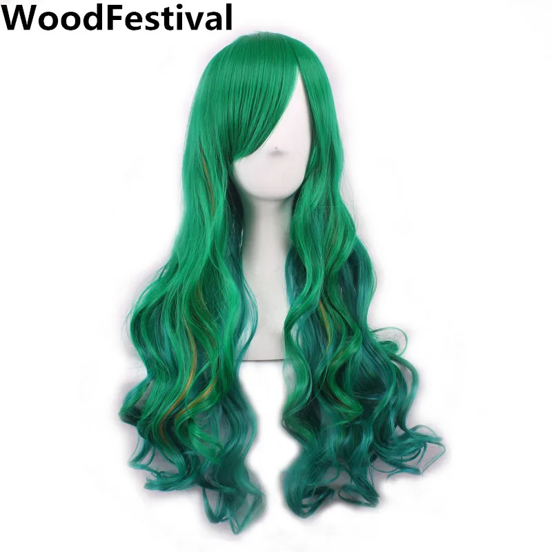 Top Trends: WoodFestival Green Synthetic Long Hair Wavy Wig With Bangs Cosplay Wigs For Women Purple Pink Red Blue White Halloween Colored Shoppable Styles