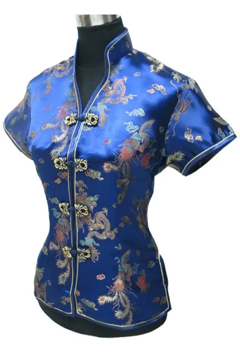 Top Trends: Summer Stylish Navy Blue Chinese Women Blouse Traditional Silk Satin Shirt Tops V-Neck Clothing Size S M L XL XXL XXXL WS002 Shoppable Styles