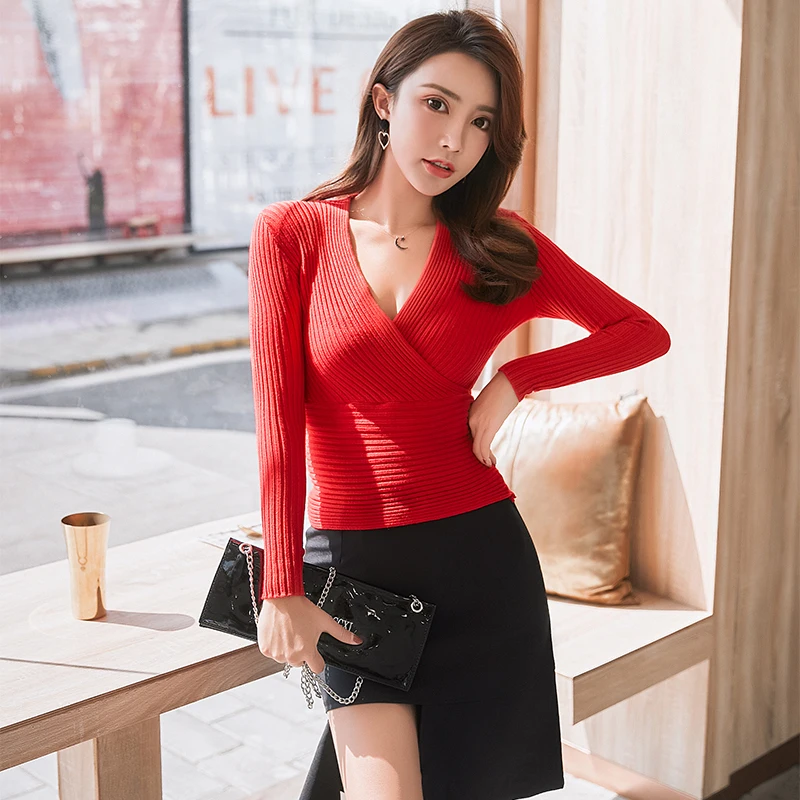 Top Trends: 2024 New Sexy Deep V Neck Sweater Women's Pullover Casual Slim Bottoming Sweaters Female Elastic Cotton Long Sleeve Tops Femme Shoppable Styles - Image 6