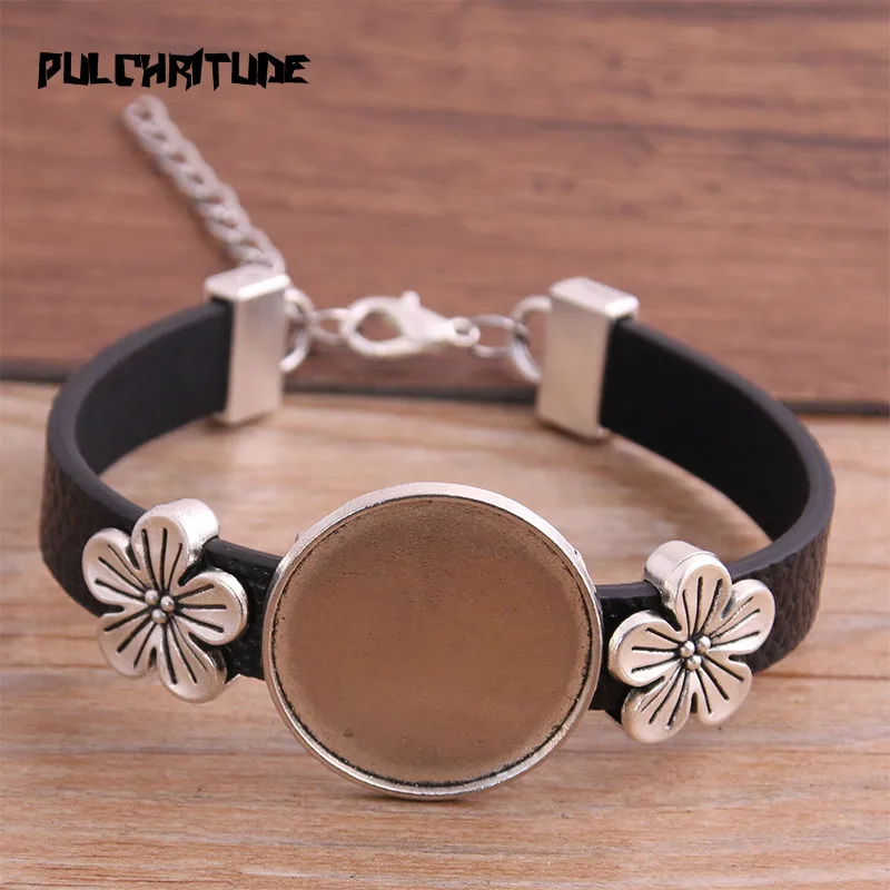 Top Trends: 1pcs 6 Color PU Bracelet Silver Color Flower Base Setting Cuff Blank Trays Brazel Fit 25mm Glass Cameo Dome Cabochon DIY Jewelry Shoppable Styles - Image 5