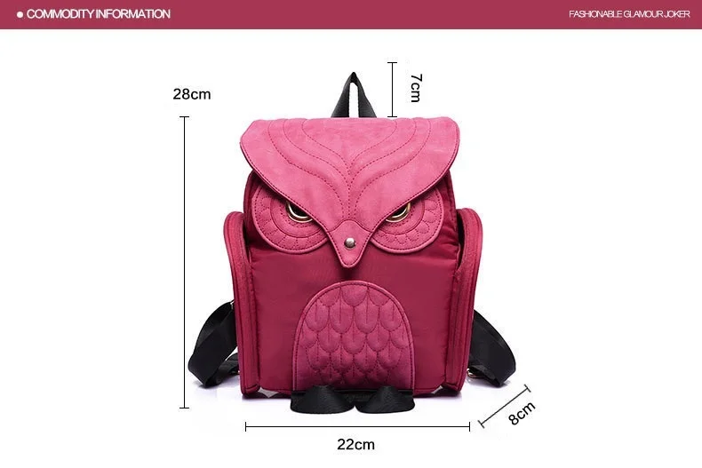 väike roosa seljakott öökulli motiividega, mõõtmetega 28x22x8 cm