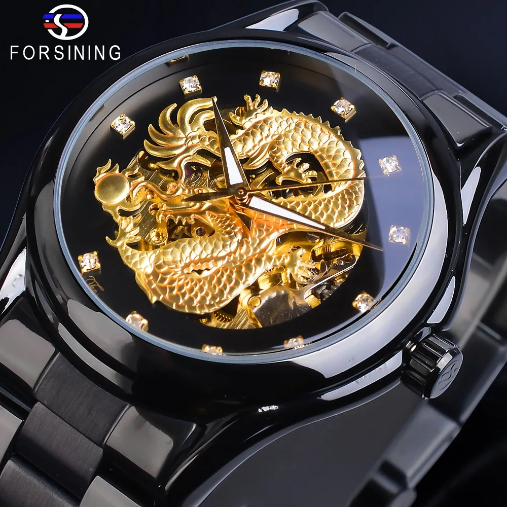 Top Trends: Forsining Skeleton Golden Mechanical Watch Men&#039;s Automatic 3D Carved Dragon Steel Band Wrist Watches Luxury Top Brand Self Wind Shoppable Styles