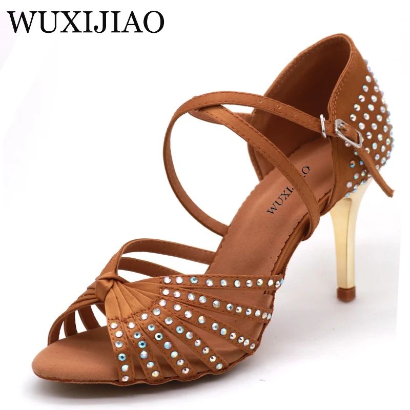 Top Trends: WUXIJIAO Satin Upper Rhinestones Sandals Dance Shoes Latin Ballroom Shoes Women Gold Heel 85mm Girls Dance Shoes Latin Shoppable Styles