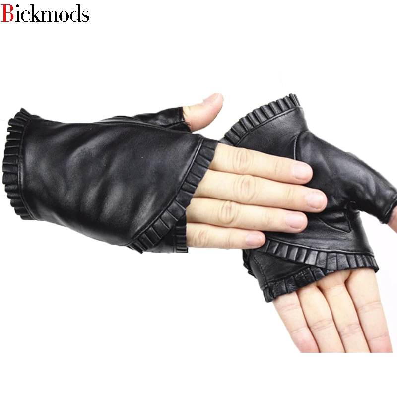 Top Trends: Female Fingerless Leather Gloves Wrinkled Lace Style Semi Pointed Sheepskin Gloves Sports Ride Driving Shoppable Styles