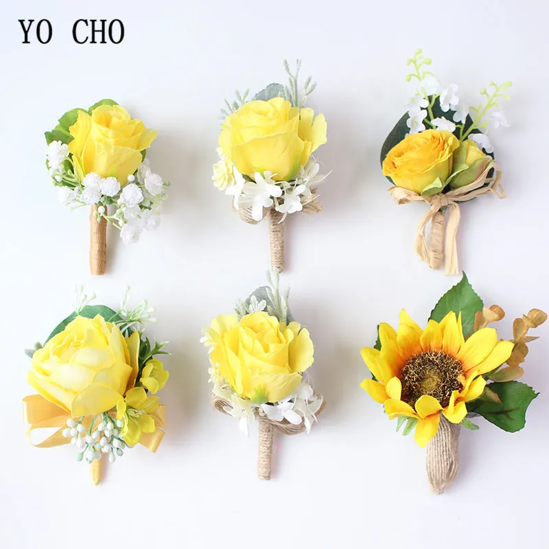 Top Trends: YO CHO Boutonnieres Men Roses Yellow Silk Flowers Wrist Corsages Bracelet Sunflowers For Boutonnieres Marriage Wedding Supplies Shoppable Styles