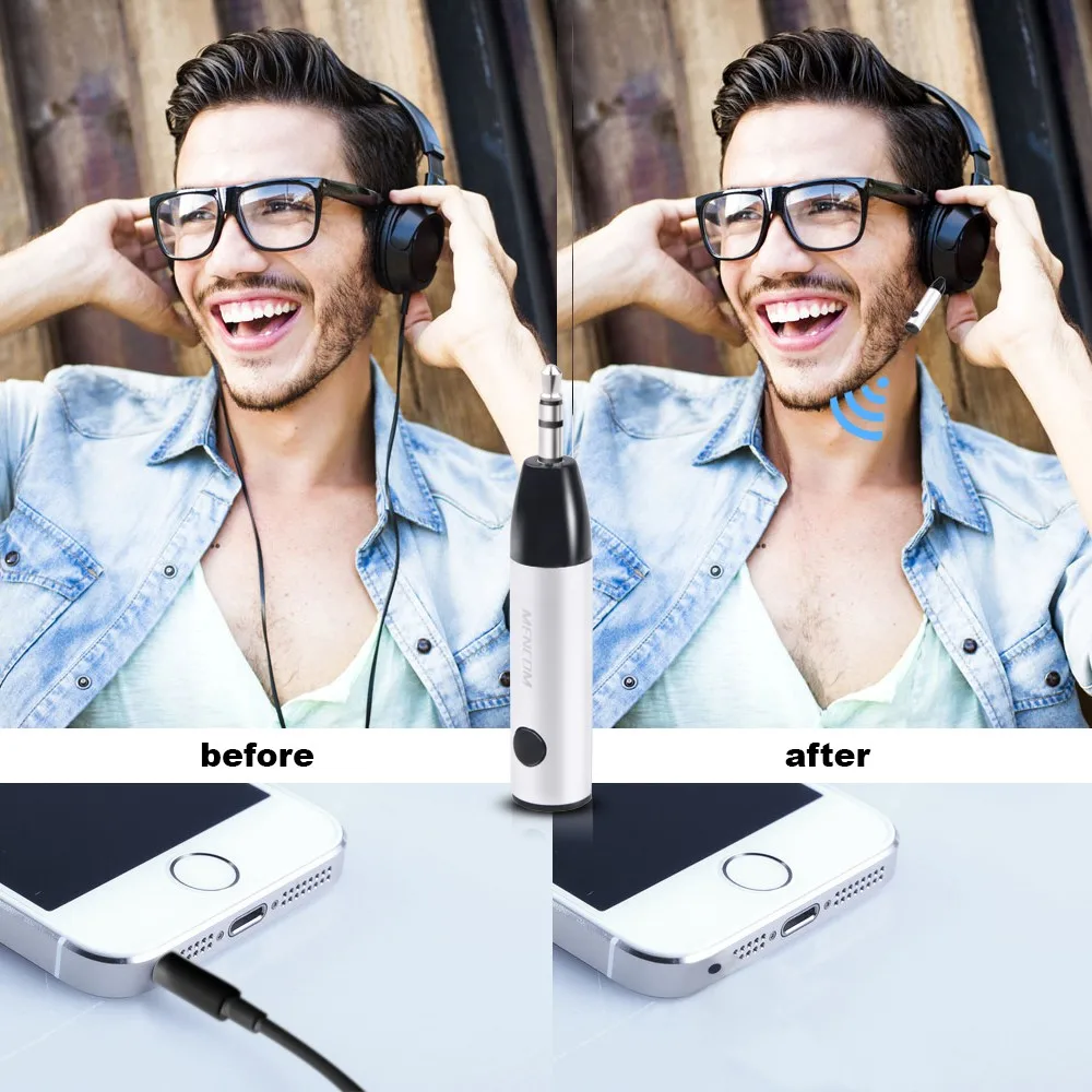 mees naeratab ja kuulab muusikat juhtmeta kõrvaklappidega, all on telefon ja bluetooth adapter