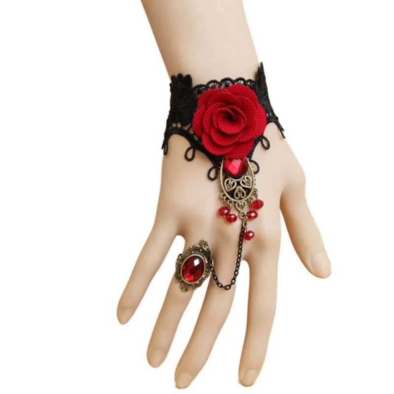 Top Trends: Jlong Retro Metal Bracelet Lace Red Rose Gloves 2018 New Fashion Floral Women Mittens Shoppable Styles