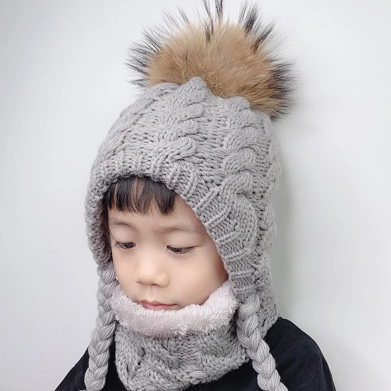 Top Trends: Fur Pompom Beanie Kids Baby Winter Hat Fleece Inside Ear Protection Crochet Cap Warm Knitted Hat And Scarf Set For Children Shoppable Styles