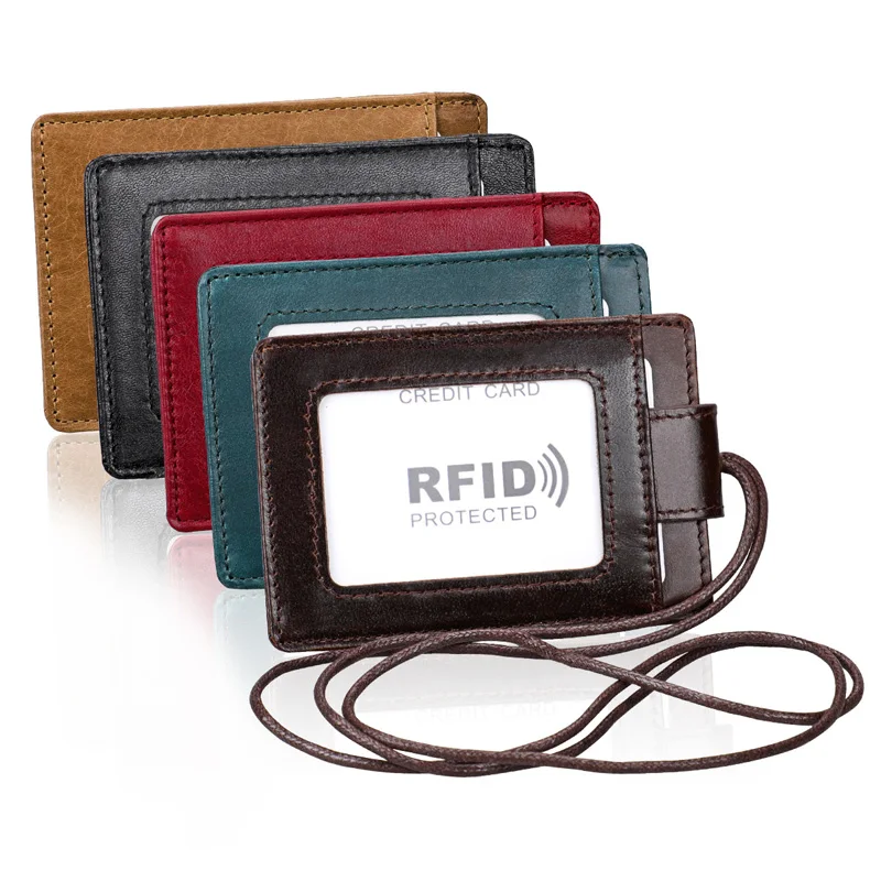 Top Trends: Genuine Leather Id Card Badge Holder With Lanyard RFID Blocking Card Cover For Chest Card Hangtag Work Pass Student Card Holder Shoppable Styles