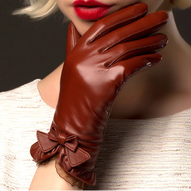 Top Trends: BOOUNI Genuine Sheepskin Gloves Fashion Wrist Lace Bow Solid Women Leather Glove Thermal Winter Driving Keep Warm NW176 Shoppable Styles